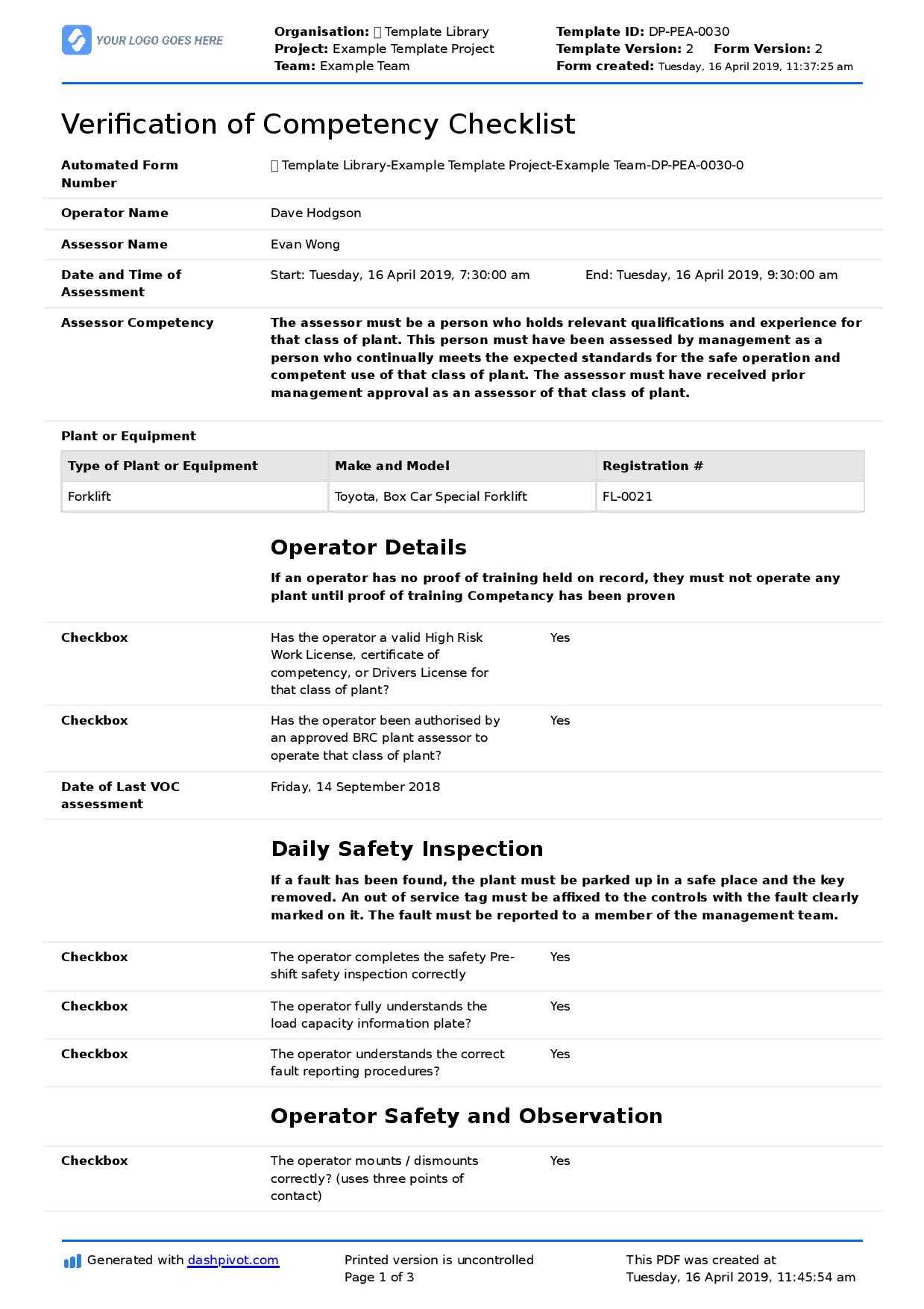 Verification Of Competency Template (Free And Editable Voc Form) In Equipment Fault Report Template