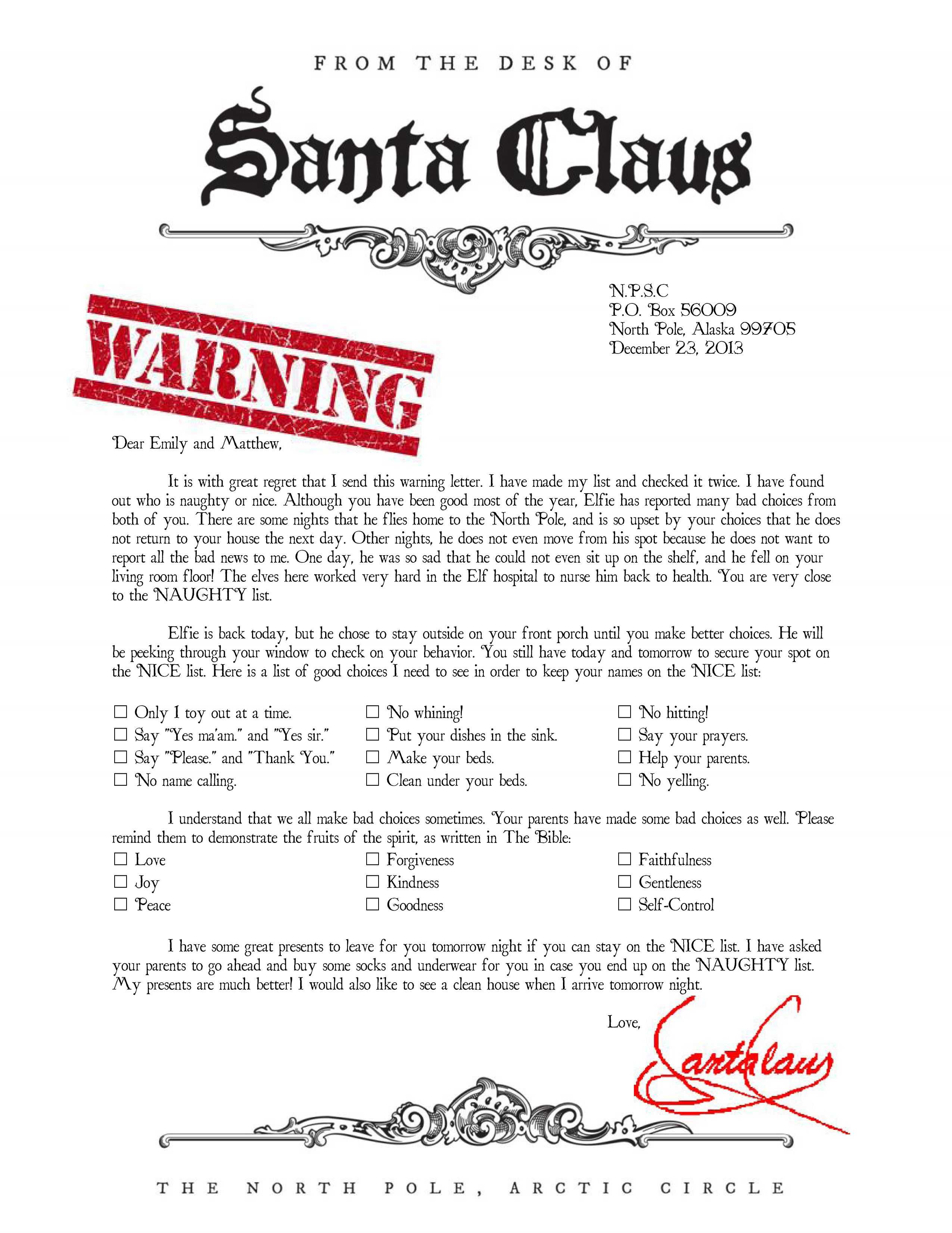 Warning Letter From Santa Naught List | Christmas | Santa With Regard To Letter From Santa Template Word