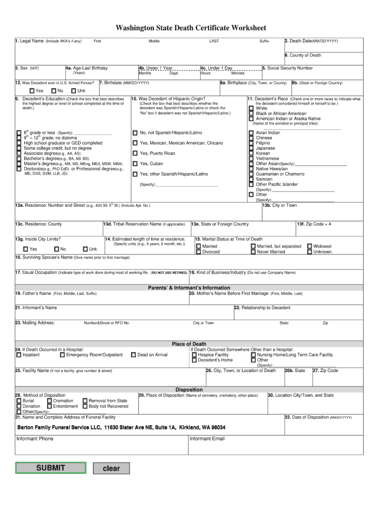 Washington State Death Certificate Worksheet – Fill Online Pertaining To Baby Death Certificate Template