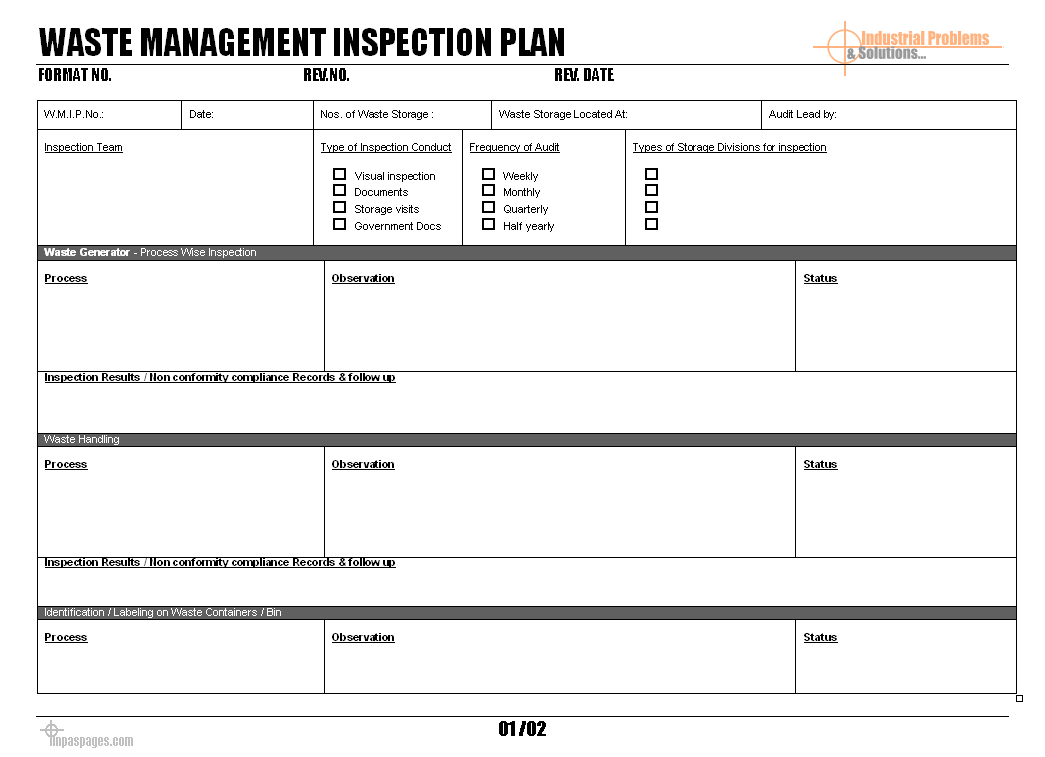 Waste Management Inspection Plan – For Waste Management Report Template