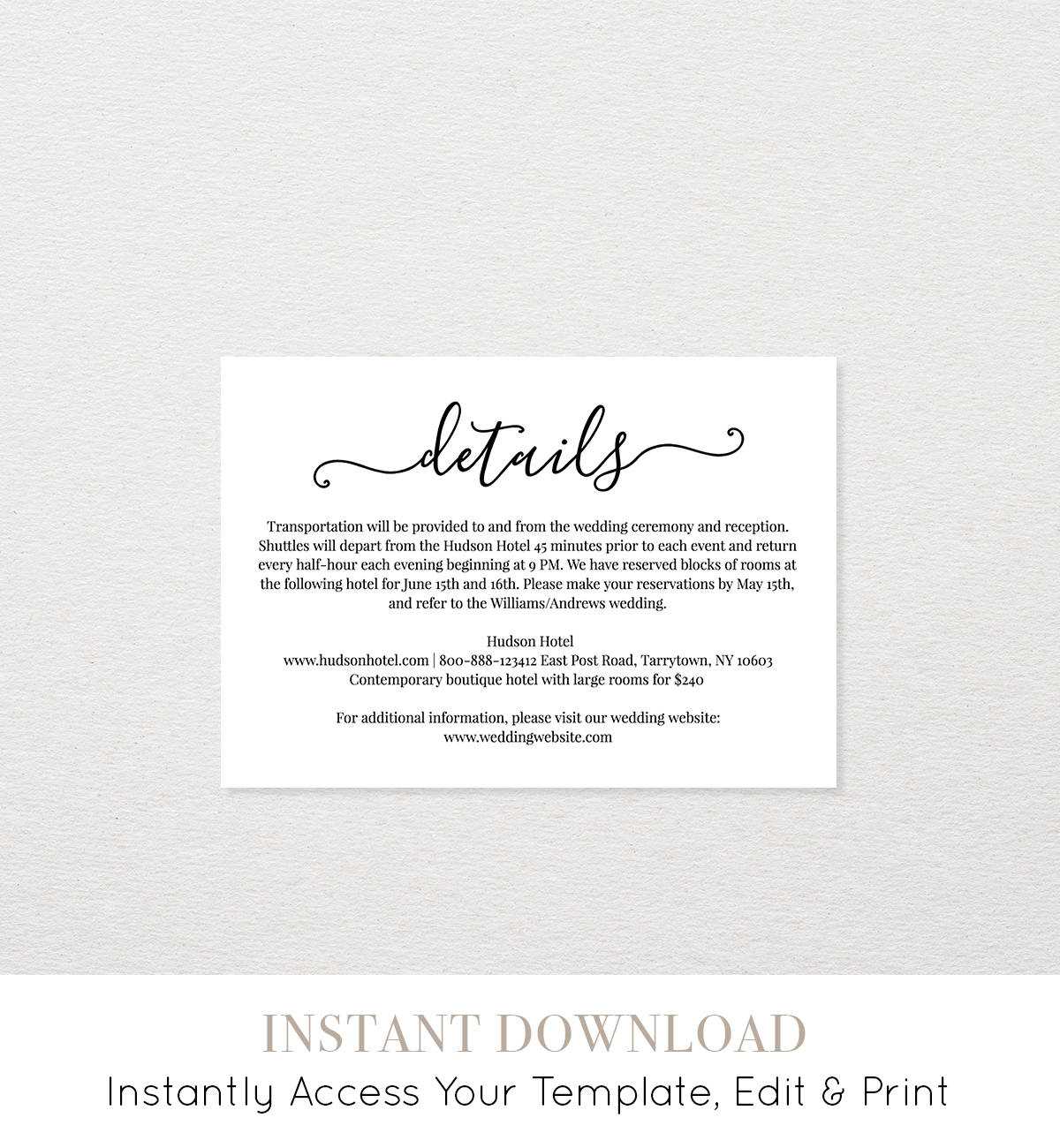 Wedding Details Card Template, Printable Accommodations With Table Reservation Card Template