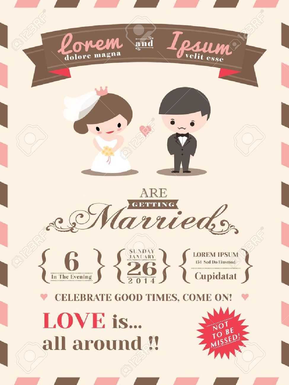 Wedding Invitation Card Template With Cute Groom And Bride Cartoon Pertaining To Invitation Cards Templates For Marriage