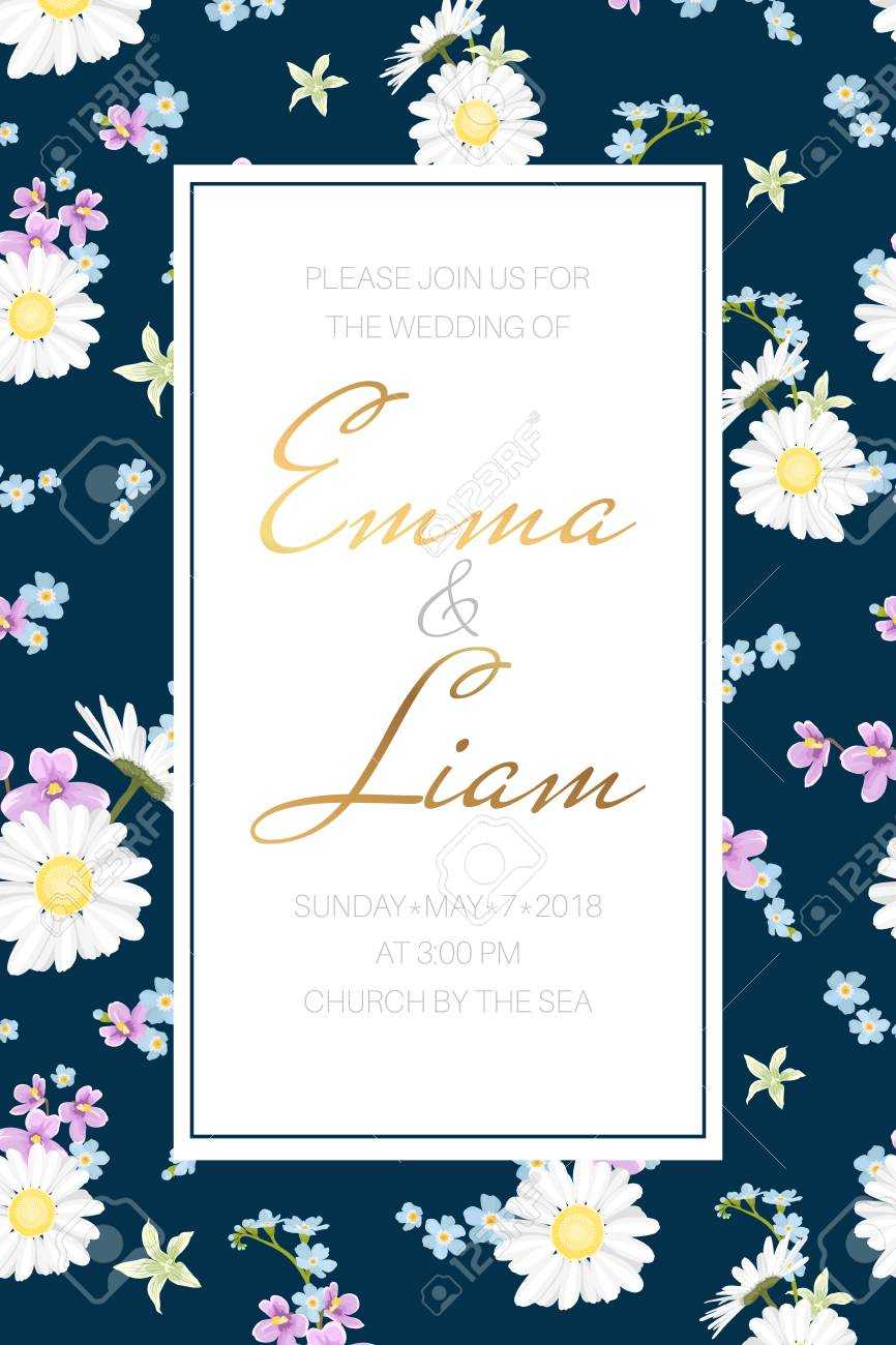 Wedding Marriage Event Invitation Card Template. Chamomile, Forget Me Not,.. For Event Invitation Card Template