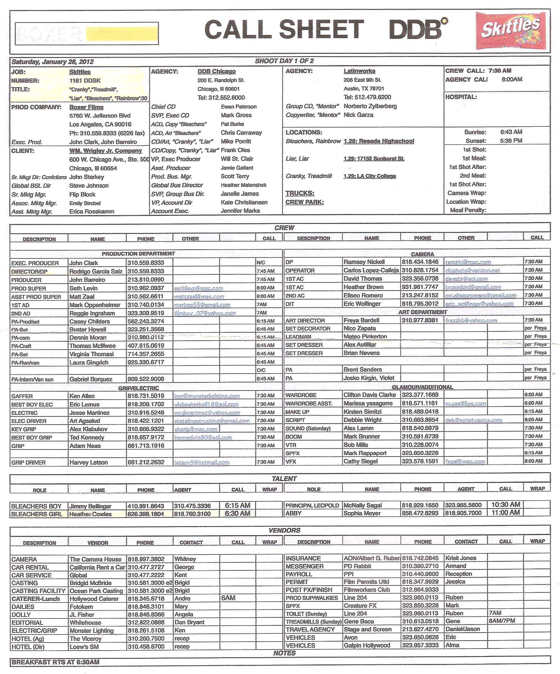 What Does Call Time Mean In Showbiz? – Kid's Top Hollywood For Film Call Sheet Template Word