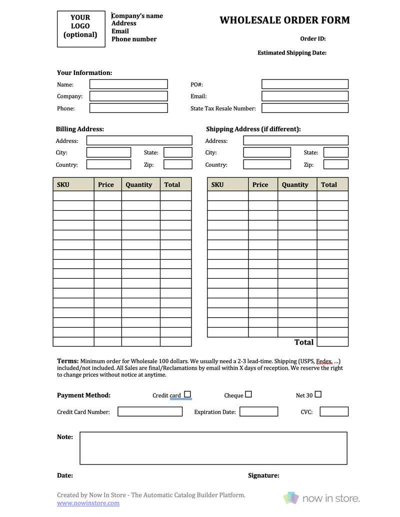 Wholesale Order Form Template – Create Your Own For Free Regarding Order Form With Credit Card Template