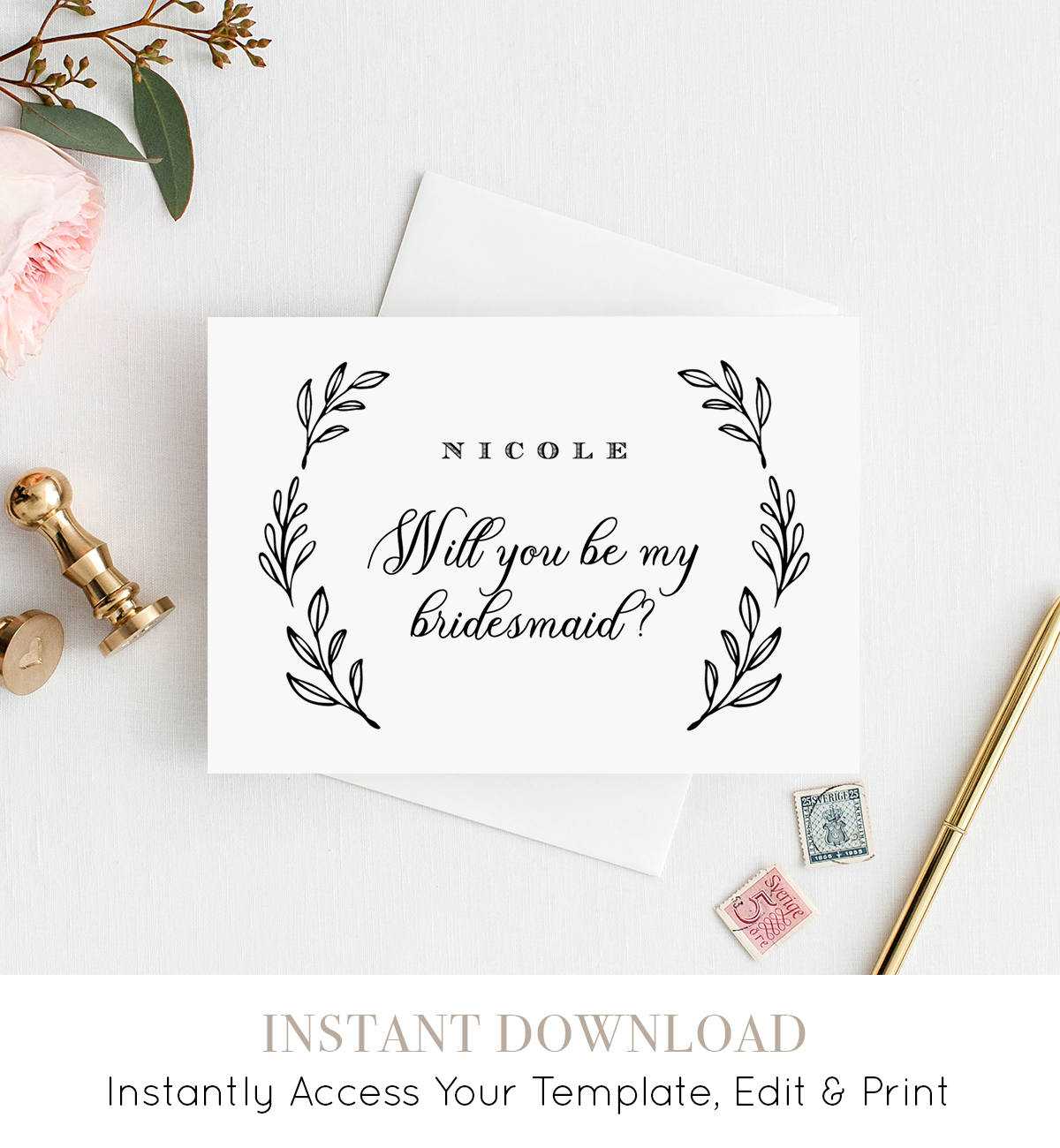 Will You Be My Bridesmaid Card, Instant Download Inside Will You Be My Bridesmaid Card Template