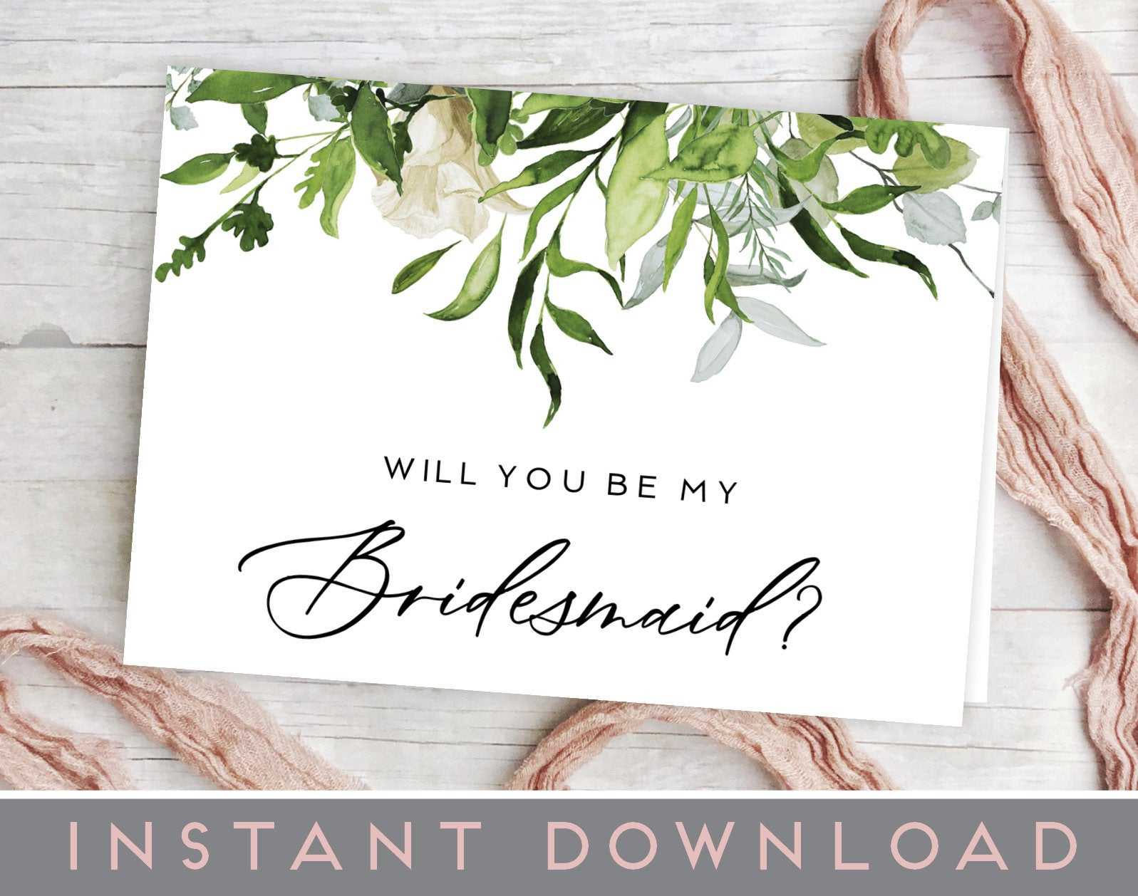 Will You Be My Bridesmaid Card, Printable Bridesmaid Card, Leaves,  Greenery, Will You Be My Bridesmaid Template, Pdf, Bridesmaid Invitation In Will You Be My Bridesmaid Card Template