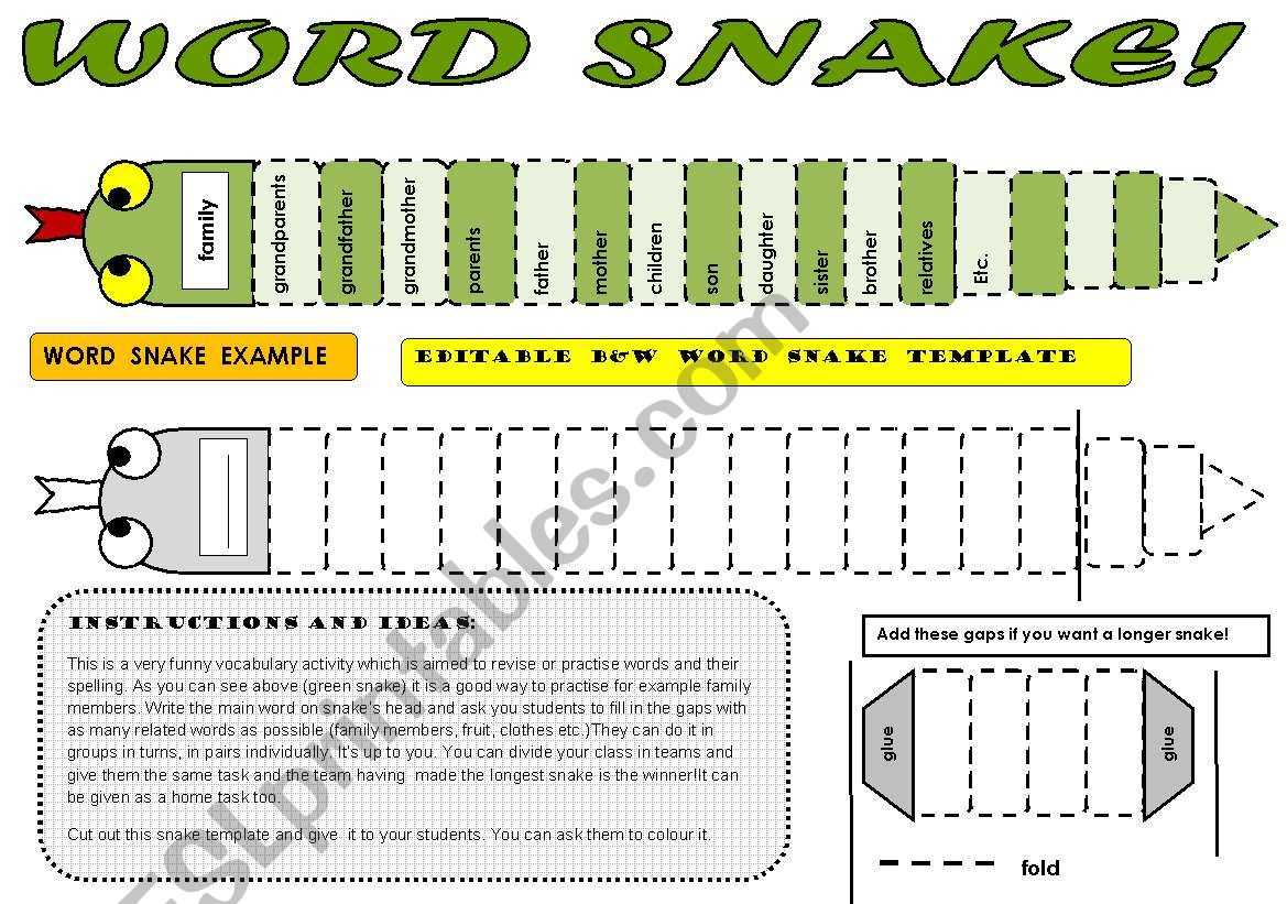 Word Snake – Fun Vocabulary Activity With Editable B&w In Vocabulary Words Worksheet Template