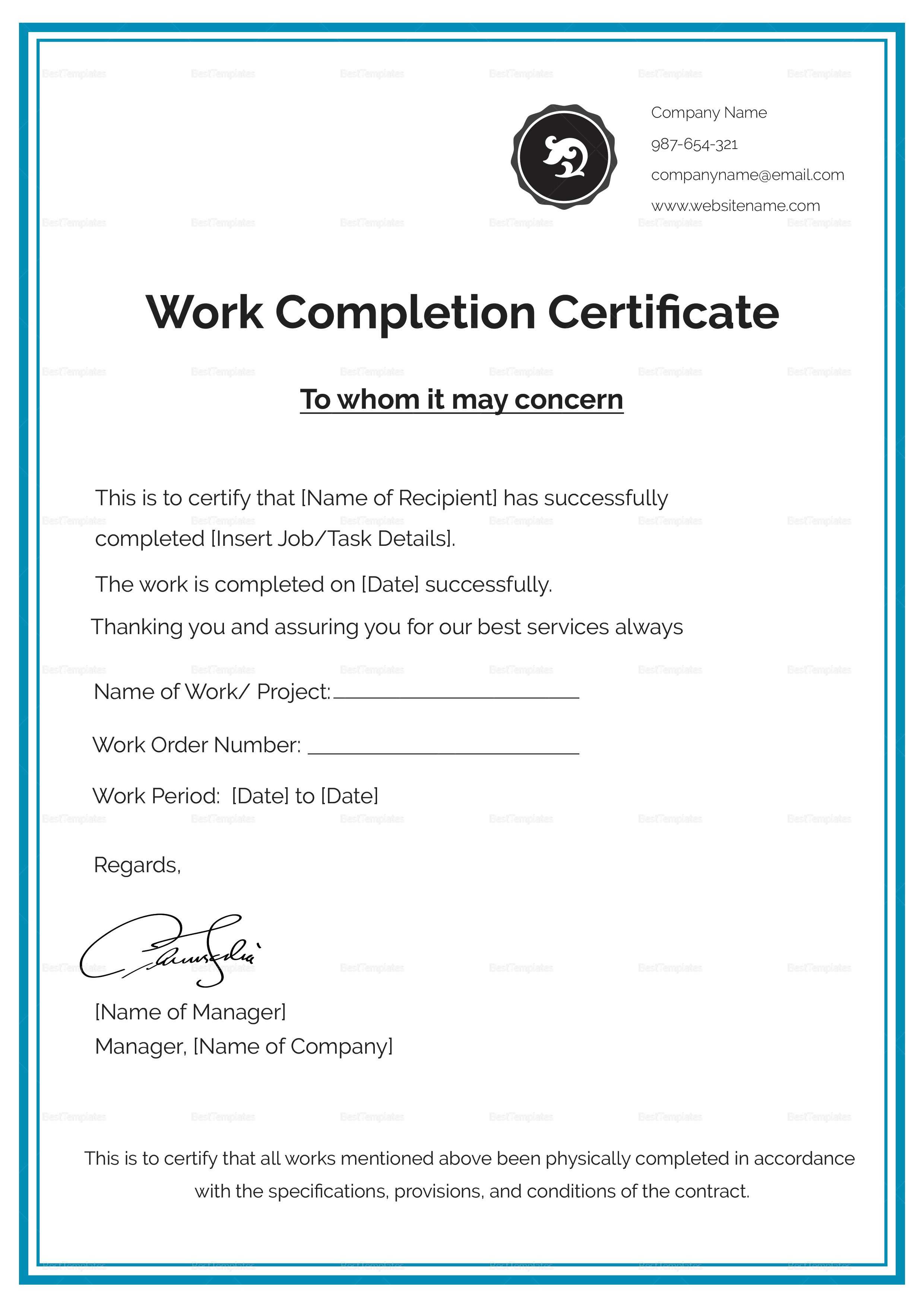 Work Completion Certificate Template In 2019 | Certificate Regarding Construction Certificate Of Completion Template