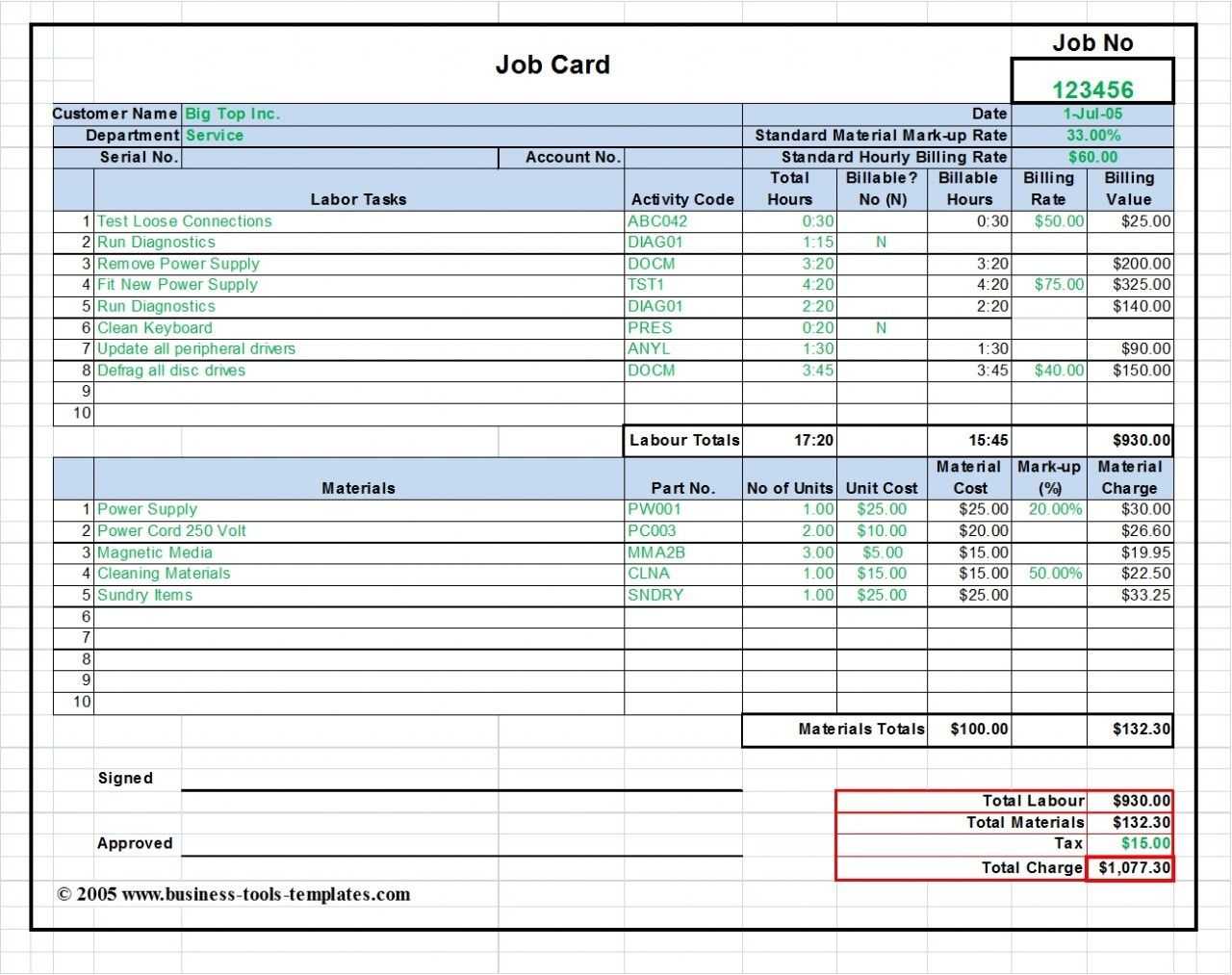 Workshop Job Card Template Excel, Labor & Material Cost Inside Mechanic Job Card Template