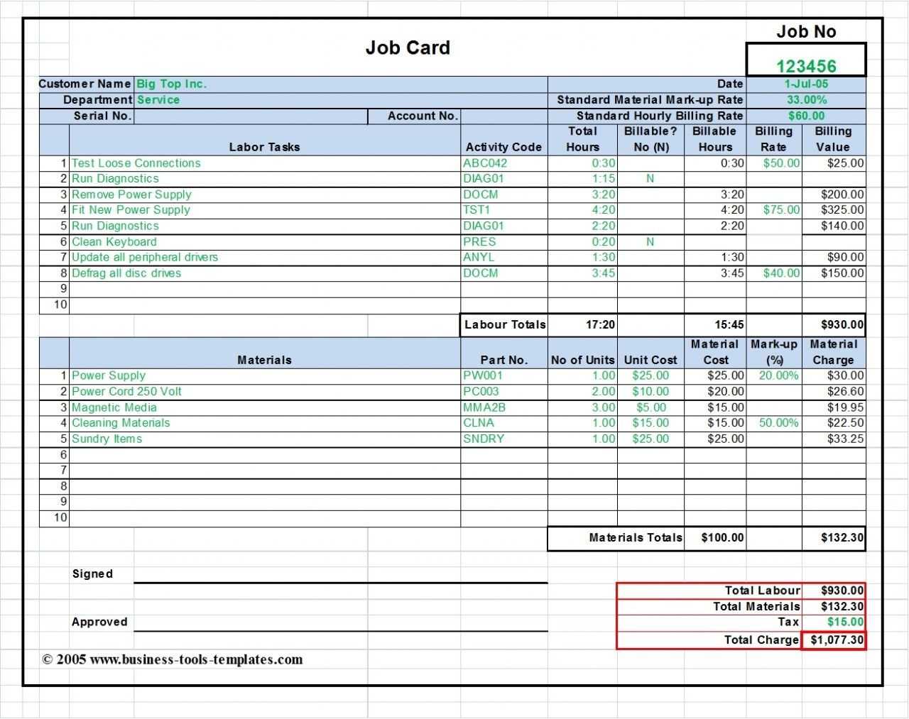 Workshop Job Card Template Excel, Labor & Material Cost With Regard To Job Cost Report Template Excel