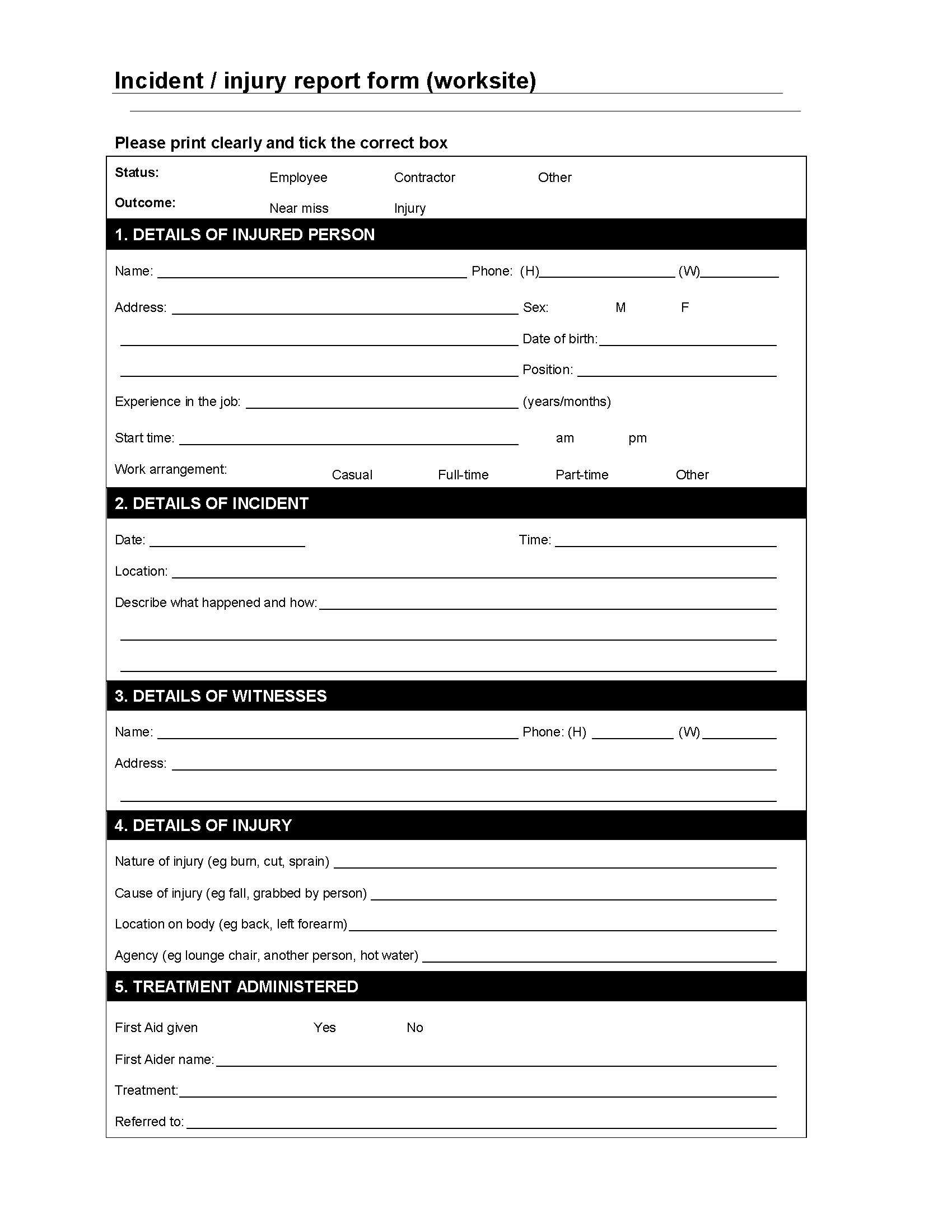 Worksite Incident / Injury Report Form | Legal Forms And In Injury Report Form Template