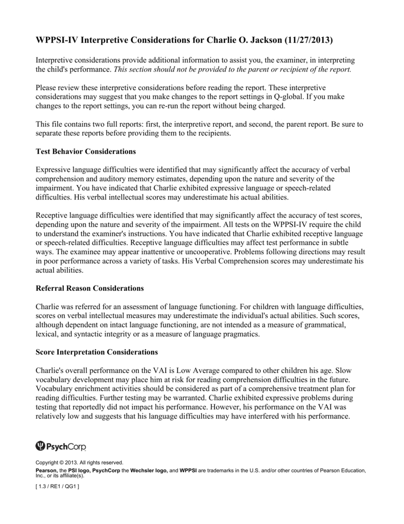 Wppsi Iv Interpretive Report Sample Intended For Wppsi Iv Report Template
