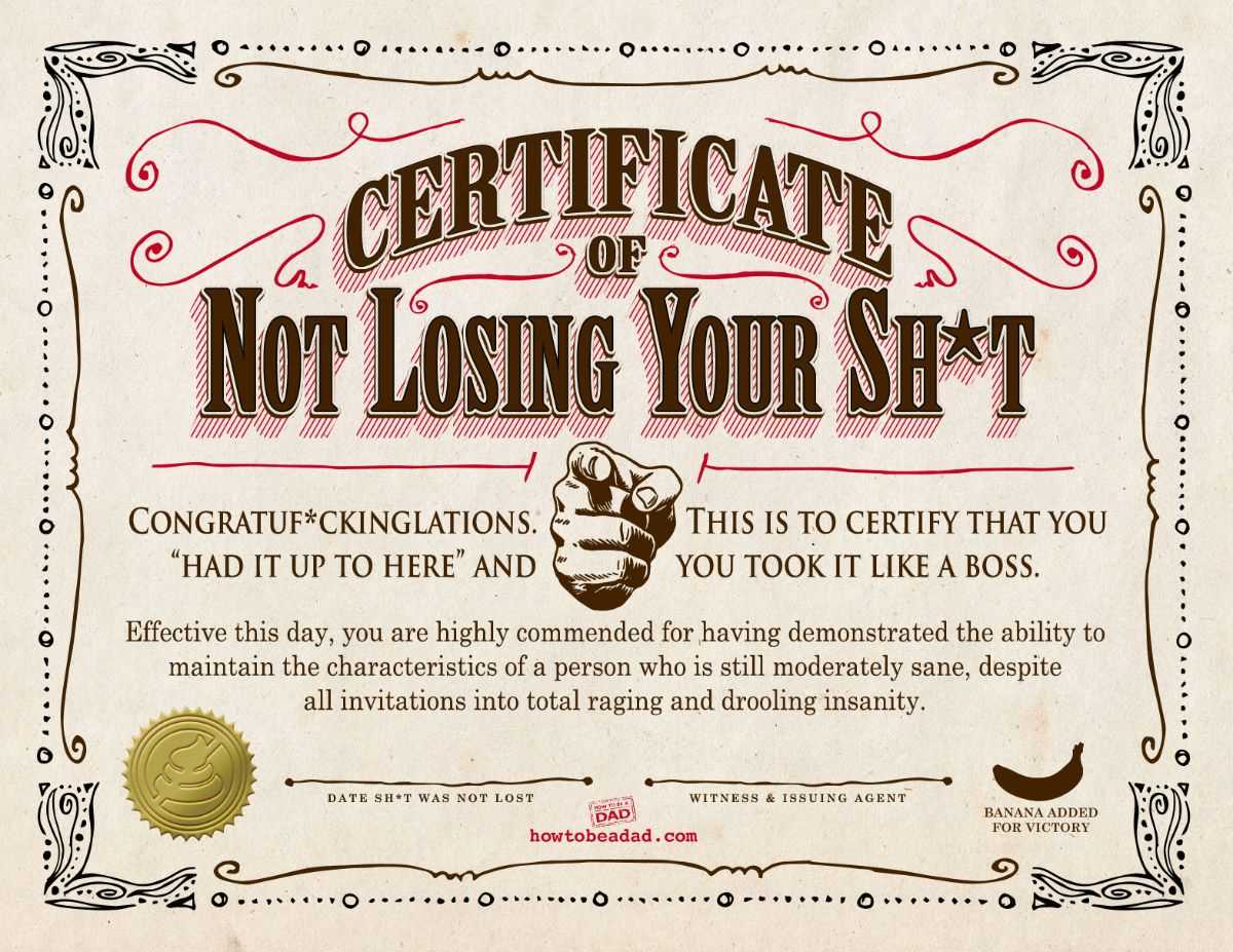 Your Certificate Of Not Losing Your Sh*t | Parentalaughs With Funny Certificates For Employees Templates