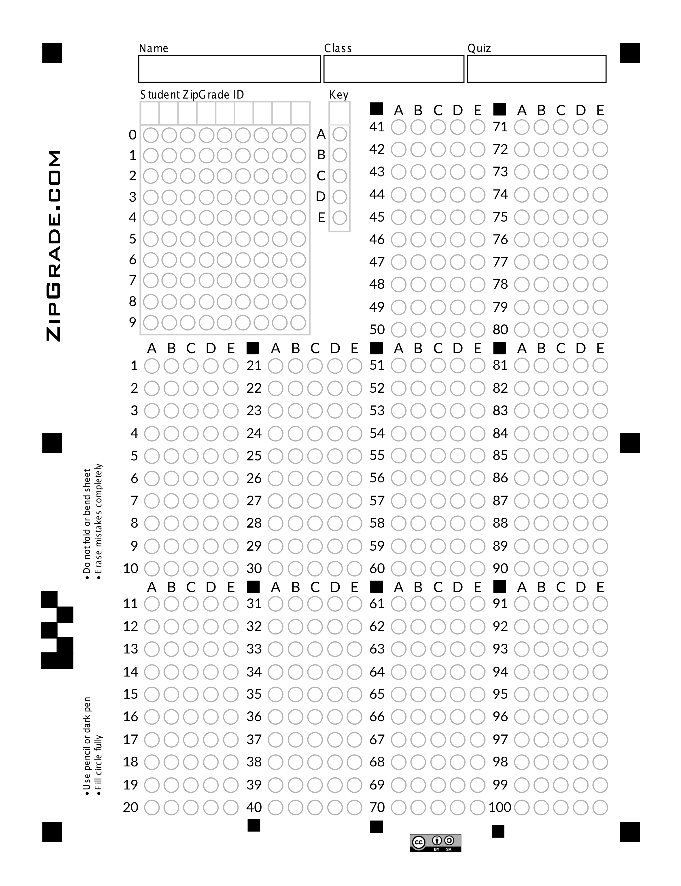 Zipgrade: Answer Sheet Forms With Blank Answer Sheet Template 1 100