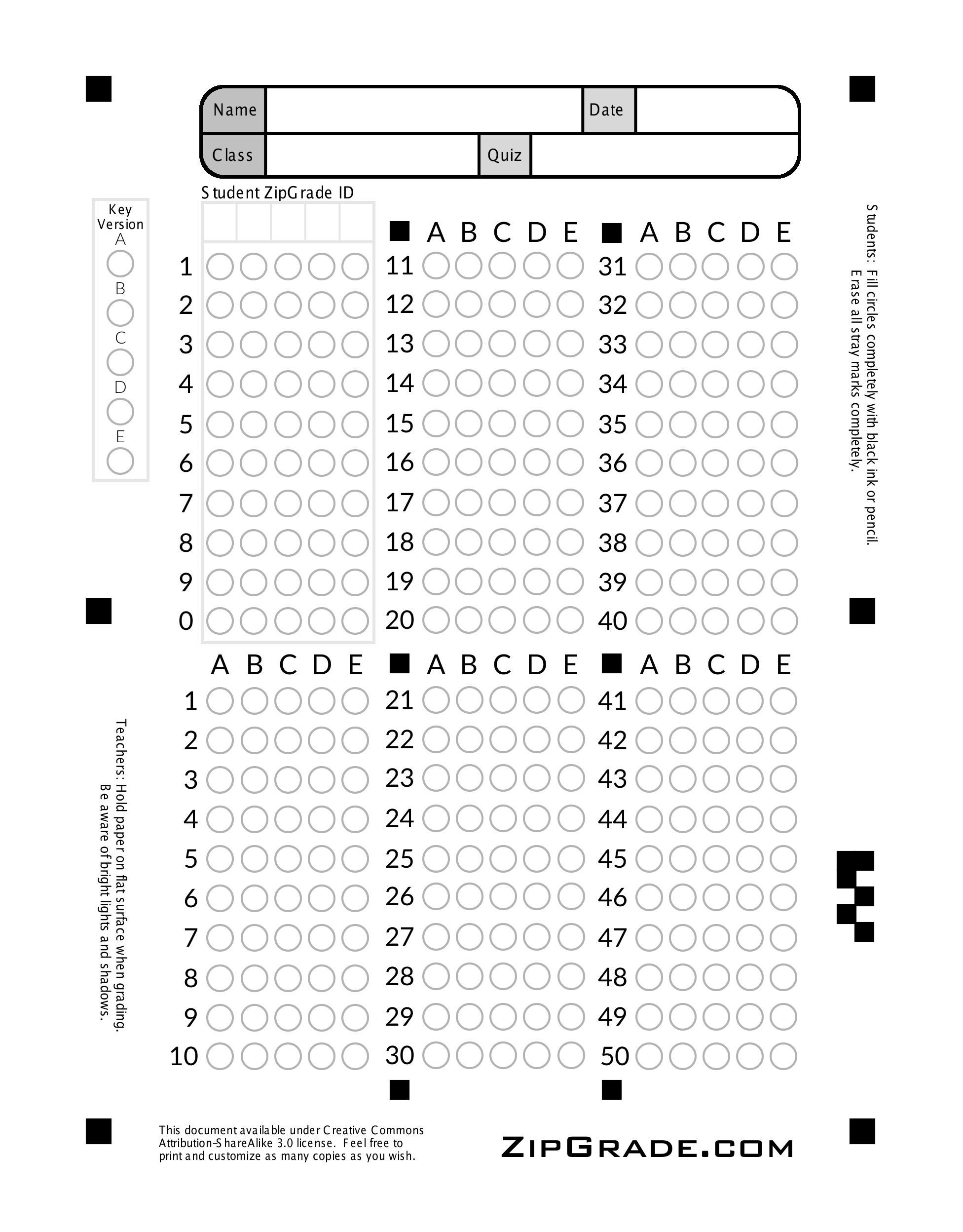 Zipgrade: Answer Sheet Forms With Regard To Blank Answer Sheet Template 1 100